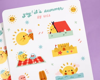 Kawaii Summer Sticker Sheet - Kawaii Food Stickers  - Cute Journal Stickers  - Sun Stickers - Cute Food Stickers - Cute Sticker Sheet
