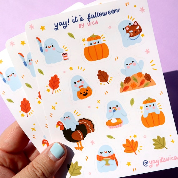 Falloween Stickers - Halloween Stickers - Cute Sticker Sheet - Kawaii Stickers - Journal Stickers - Ghost Stickers