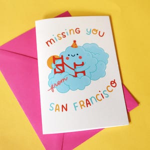 Biglietto d'auguri "Mi manchi da San Francisco" - Biglietto d'auguri carino - Arte kawaii - Biglietto di Karl the Fog