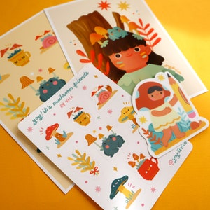 May include: A set of colorful mushroom-themed stickers with a whimsical design. The stickers feature mushrooms, snails, and other forest creatures. The stickers are perfect for adding a touch of whimsy to your planner, laptop, or water bottle.