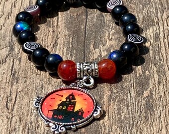 Haunted House Charm Bracelet, Spooky Halloween Jewelry