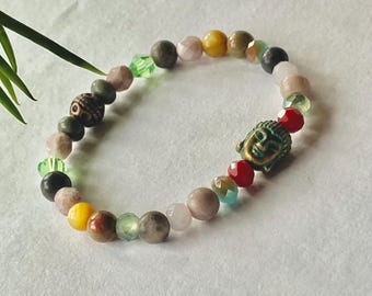 Bracciale Buddha Patina: perline Boho color terra, meditazione yoga