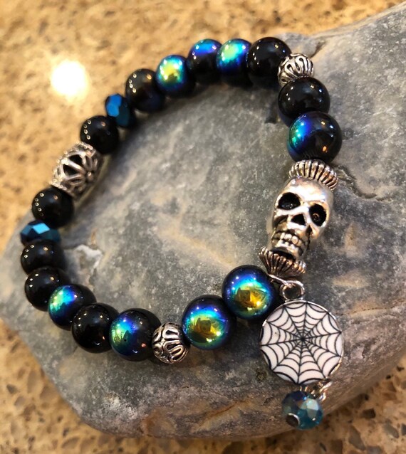 Skull Bracelet. Bracelet. Boho. Spiderweb jewelry. Halloween Jewlery