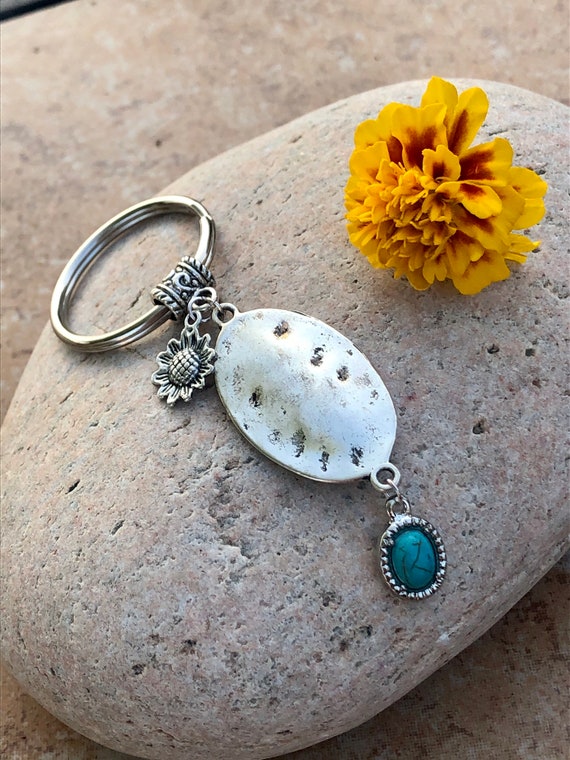 Sunflower Keychain w/ Medallion & Blue Charm. Women's. Gift. Keychains. Boho