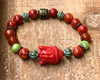 Braccialetto di perline con testa di Buddha rossa - Gioielli spirituali
