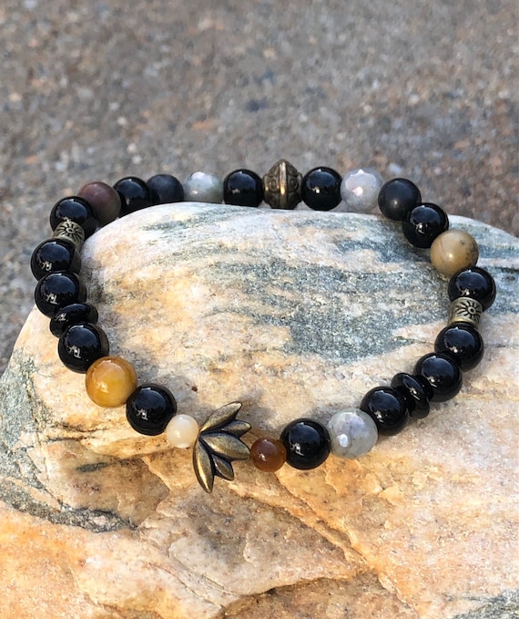 Black Lotus Flower Bracelet. Bracelet. Boho. Spiritual jewelry. Yoga Jewlery