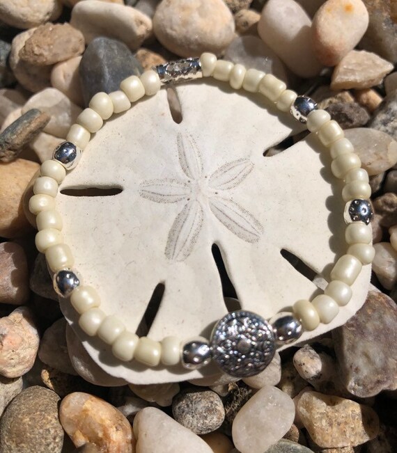 White & Silver Beaded Bracelet w/Small Silver Medallion. Womens Bracelet/Gift for her