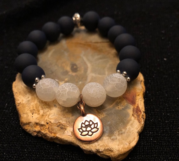 Black & White Lotus Bracelet. Women's Bracelet. Nature. Boho Jewelry. Spiritual