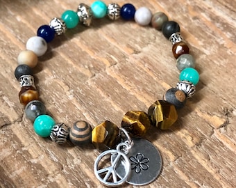 Peace & Flower Charm Bracelet, Multicolored Beaded Boho Jewelry