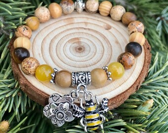 Bee & Flower Charm-armband, jordfärgat pärlarmband