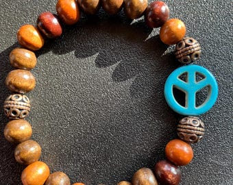 Handmade Wood Bead Bracelet with Blue Peace Sign Charm