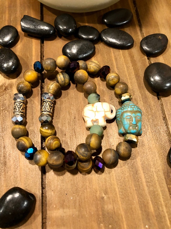 Buddha & Elephant Stack Bracelet Set Yoga Bracelet. Womens Bracelet/Gift For Her Spiritual Bracelet. Layering Lucky Luck