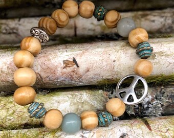 Wood Bead Peace Bracelet, Light Blue Boho Jewelry