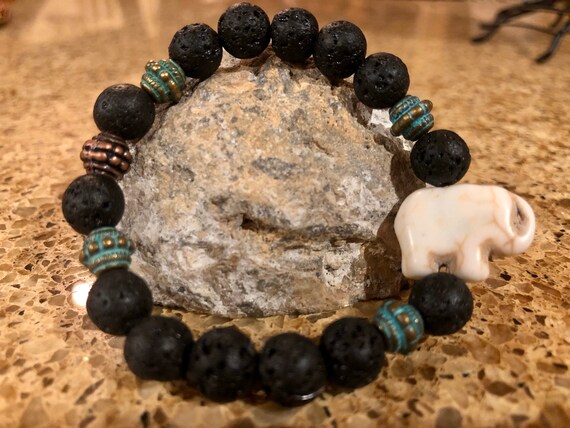 Elephant Black Lava Rock & Blue Bracelet. Womens Bracelet/Gift For Her Spiritual Bracelet