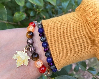 Fall Leaf Charm Bracelet, Boho Beaded Jewelry