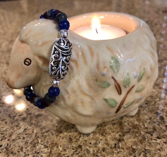 Blue & Gray Beaded Bracelet w/Silver Medallion. Womens bracelet. Gift for her