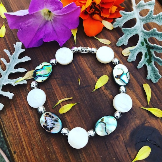 White & Abalone Beaded Bracelet. Womens Jewelry/Gift for her