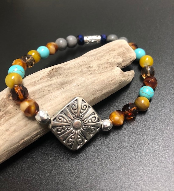 Brown, Green, Blue & Gray Medallion Bracelet. Womens Bracelet/Gift for her