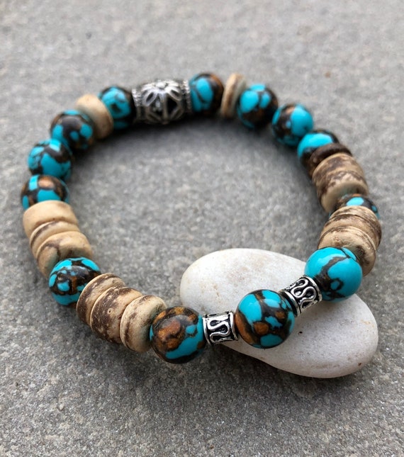 Wood & Blue Beaded Bracelet. Bracelet. Boho. Spiritual jewelry. Beachy