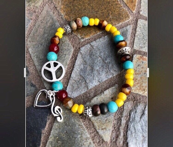 Peace, Love & Music Bracelet. Womens Bracelet/Gift for her/ Mens Bracelet. Gift for him. BOHO Bracelet. Boho Chic. Good Vibes. Music. Love