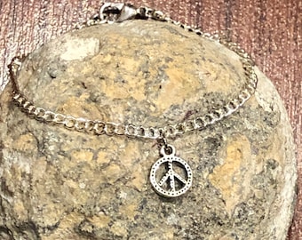 Small Peace Sign Charm Bracelet, Delicate Chain, Handmade