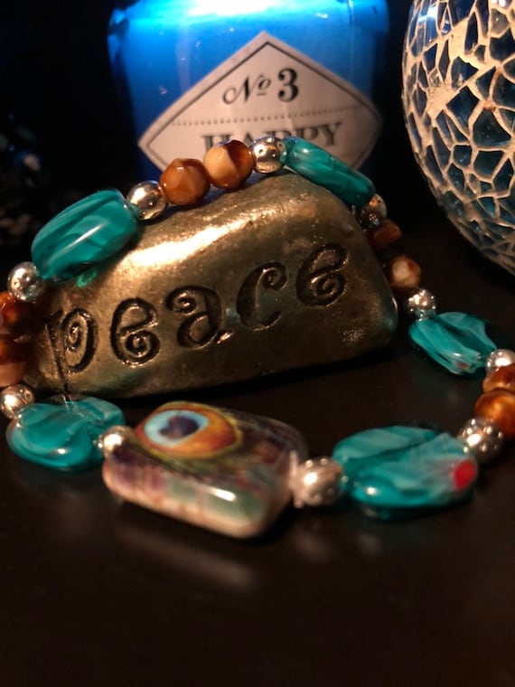 Handmade Boho Bracelet w/ Peacock Feather Stone. Womens Bracelet/Gift for her.