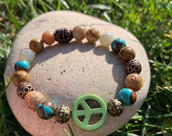 Green Peace Sign Beaded Bracelet, Turquoise & Jasper Boho Jewelry