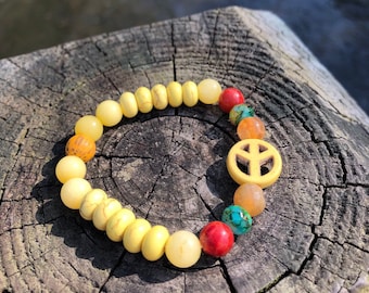 Yellow Peace Sign Beaded Bracelet, Boho Good Vibes