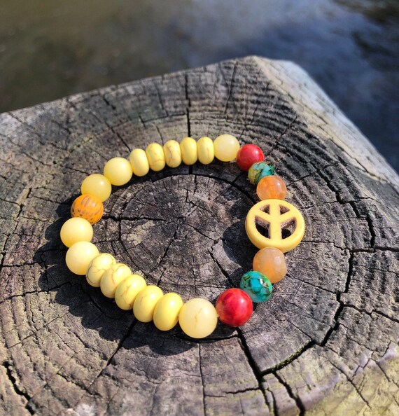 Peace Sign Bracelet. Yellow Women Men Bracelet. Gift BOHO Bracelet. Boho Chic. Good Vibes
