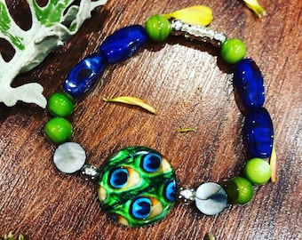 Blue & Green Peacock Feather Bracelet. Womens Bracelet/Gift for her