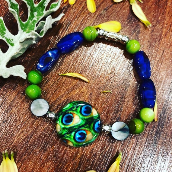 Blue & Green Peacock Feather Bracelet. Womens Bracelet/Gift for her