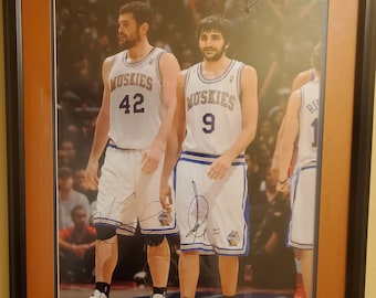 Large Signed and Framed Behind Glass Kevin Love and Ricky Rubio Minnesota Muskies with COA