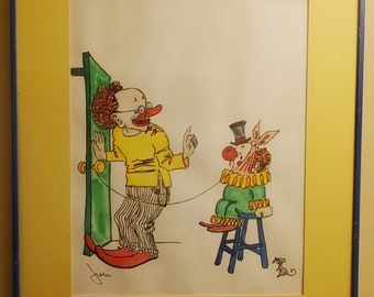 Original Mid Century Watercolor Folk Art Clown Painting by Jiri - Framed Signed Behind Glass