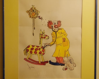 Mid Century Watercolor Folk Art Clown Painting by Jiri Original - Framed Signed Matted Behind Glass
