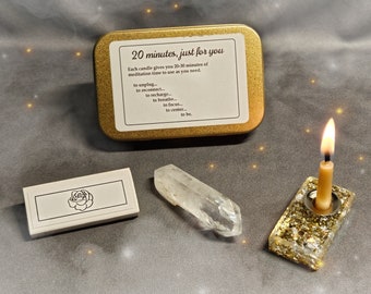 UPDATED!! 20 Minute Meditation Kit - Beeswax candles, candle holder, matches in travel-size tin - Redesigned candle holder!