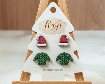 Santa Hat Stud Earrings, Christmas Earrings Clay, Lightweight Earrings, Cute Statement Earrings, Hypoallergenic