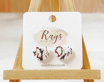 Christmas Heart Stud Earrings, Clay Marble Earrings, Polymer Clay Holiday Earrings, Lightweight Earrings, Hypoallergenic