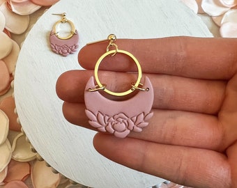 Crescent Moon Clay Earrings, Polymer Clay Earrings, Modern Lightweight Earrings, Statement Earrings, Floral Moon Earrings