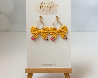 Pencil Bow Clay Earrings, Gifts For Teachers, Elementary School Accessories, Back To School Shopping, Hypoallergenic 24K Gold Plated