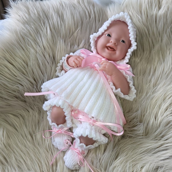 knitted dolls clothes, 14" berenguer clothing outfit, reborn dolls clothes, dress, bonnet, booties bloomer's, birthday gift, ready to ship