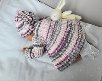 Hand Knitted Baby Girls Cardigan and Pull on Hat, 3-6 months, reborn doll 23"/24", Handmade gift for baby girl, ready to ship,