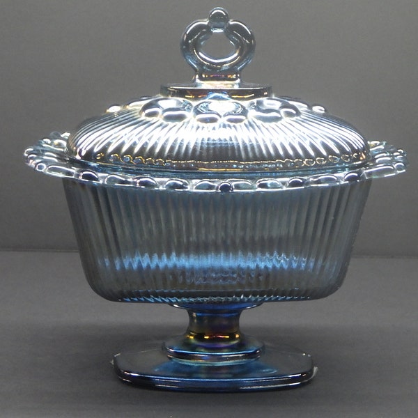 Blue Iridescent - Indiana - Oblong Lace Edge Pedestal - Candy Dish With Matching Lid!