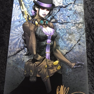 May include: A woman in a black and purple steampunk outfit with a bowler hat and goggles holds a gun. She is standing in front of a blue and white patterned background. The image is signed "BMB".