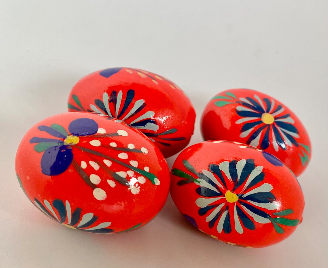 Vintage Polish Wooden Easter Eggs. Traditional Folk Art Orange Pisanki