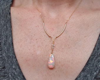 Ethiopian fire opal & Herkimer diamond necklace, Dragon scale opal, real opal jewelry, October birthstone, April birthstone, girlfriend gift