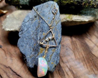 Geometric Ethiopian fire opal & Herkimer diamond necklace, modern gold opal necklace, diamond heart, October birthstone, mother's day gift