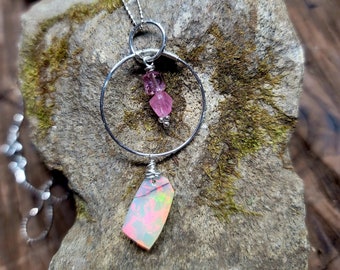 Pink Ethiopian fire opal & spinel nugget necklace, silver welo opal necklace, geometric necklace, October birthstone, gift for her