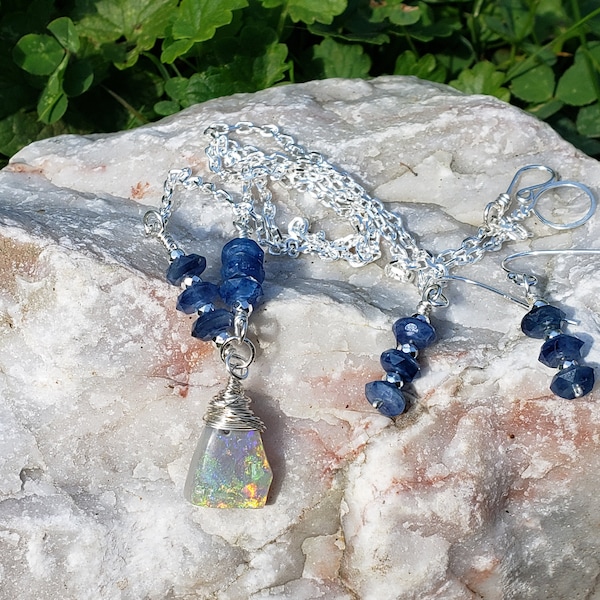 Opal jewelry set, Black opal necklace, opal necklace, kyanite earrings, Australian opal, October birthstone, gift for her, gifts for mom