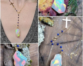 Ethiopian fire opal Y necklace, opal cross necklace, lapis and opal, luxury sideways cross necklace, welo opal,gift for her, valentines gift