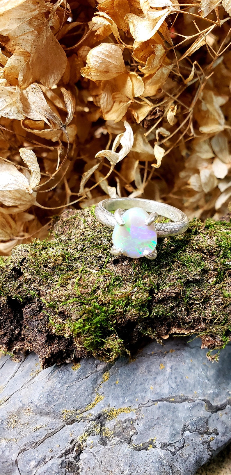 Australian black opal ring, blue and green opal, semi-black opal solitaire, copper ring, silver ring, October birthstone, gift for her image 4